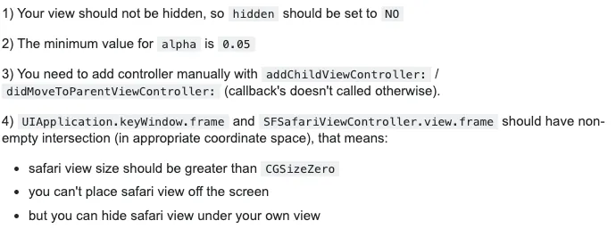 <https://stackoverflow.com/questions/39019352/ios10-sfsafariviewcontroller-not-working-when-alpha-is-set-to-0/39216788>{:target="_blank"}