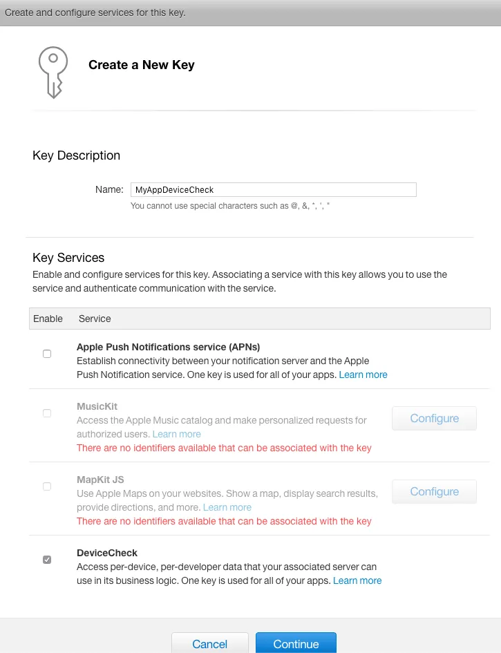 Step 1. Create a new Key and check "DeviceCheck"