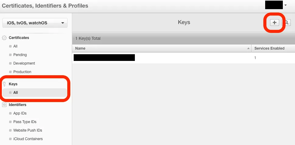Select "Keys" -> "All" -> "+" in the top right to add