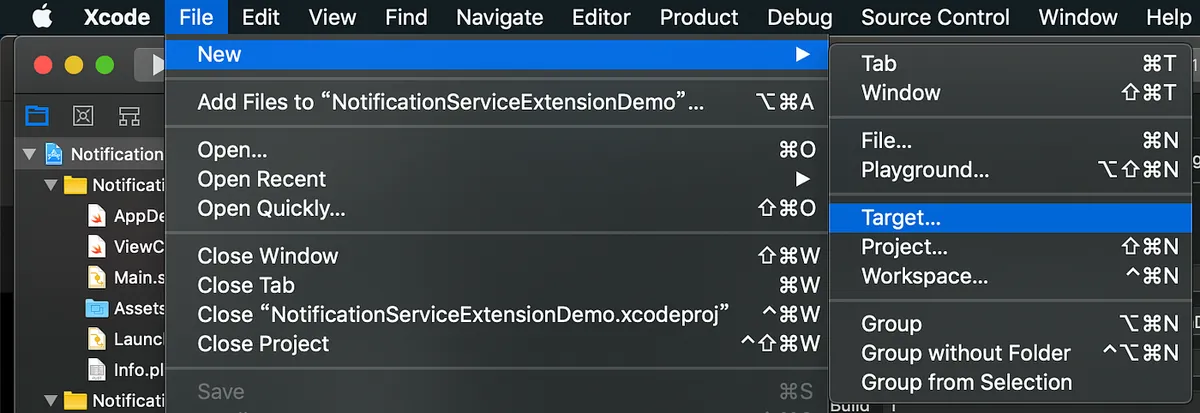 **Step 1.** Xcode -> File -> New -> Target