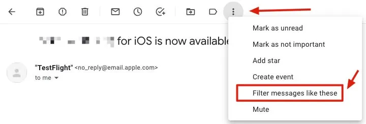 Or directly click "Filter messages like these" at the top of the email to quickly create filter rules