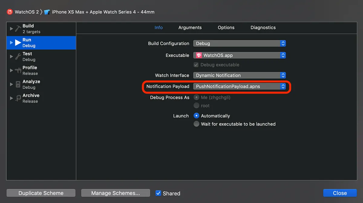 To modify/enable/disable PushNotificationPayload.apns, select the Target then Edit Scheme